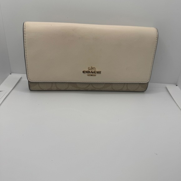 Coach Corner Zip Wristlet Signature Coated Canvas Cream Beige Wallet - Picture 1 of 4